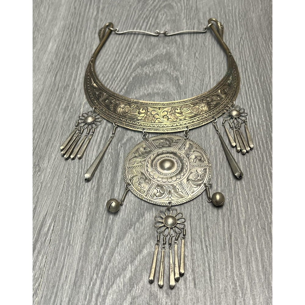 Tribal Boho Collar Statement Necklace Engraved Birds Medallion Dangles Bells - Picture 2 of 16